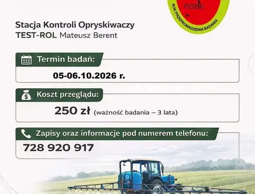 Badanie opryskiwaczy w gospodarstwie – 5 i 6 października 2026